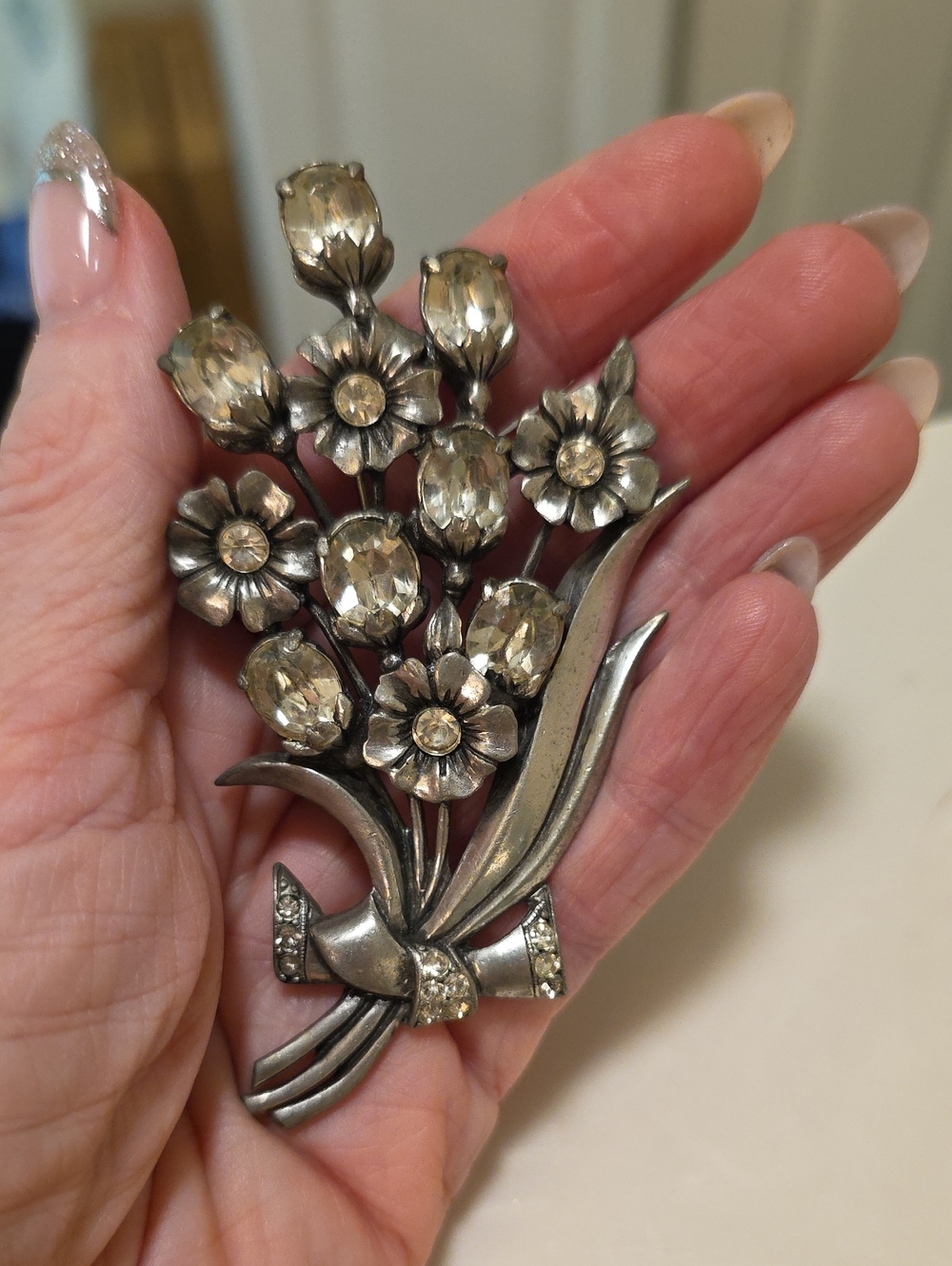 Vintage Floral Rhinestone Bouquet Brooch - Silvertone with Clear Stones